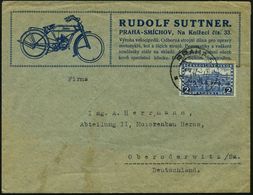 TSCHECHOSLOWAKEI 1927 (4.4.) 2 Kc. Prag, EF Auf Reklame-Bf: RUDOLF SUTTNER.. = Leichtmotorrad "Praplowe" (kl. Eckriß U.  - Motos