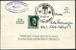 BERLIN FAHRBARES POSTAMT/ E/ 700 Jahre Berlin 1937 (20.8.) SSt + Viol. Oval-HdN.: 700 Jahrfeier/Berlin/am Funk-turm, S/w - Coches