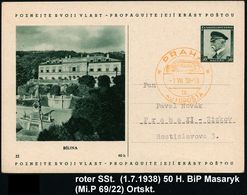 TSCHECHOSLOWAKEI 1938 (1.7.) Orange SSt: PRAHA/1b/AUTOPOSTA = Mobilpostamt Klar A. BiP 50 H. Masaryk (P 69/22) Inl.-Kt.  - Voitures