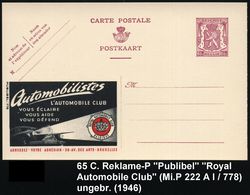 BELGIEN 1946 65 C. Reklame-P. Löwe, Braunlila: ROYAL AUTOMOBILE CLUB BELGIQUE.. (= PKW Mit Leuchtkegel, Club-Logo) Ungeb - Cars