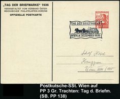 ÖSTERREICH 1936 (6.12.) PP 3 Gr. Trachten: TAG DER BRIEFMARKE (rs.Abb. Flp.-Marke Mi.606) + Passender SSt.: WIEN/ TAG DE - Stage-Coaches