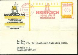 DRESDEN S 21/ MÄRKSCH/ Reinigt-färbt/ Wäscht Alles 1939 (14.11.) Dekorativer AFS (Logo) = Mann Färbt Stoffbahn "M" In Ei - Scheikunde