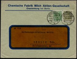 ORANIENBURG/ **f 1921 (6.10.) 1K-Brücke Auf Germania 20 Pf. U. 60 Pf. Mit Firmenlochung: "M M C" (= Chem.Fabrik Milch AG - Química