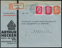 DRESDEN-/ ALST.21/ E 1932 (29.9.) 1K-Brücke Auf 12 Pf. U. 2x 15 Pf. Hindenbg. Je Firmenlochung "A H" = A Rthur Hecker +  - Scheikunde