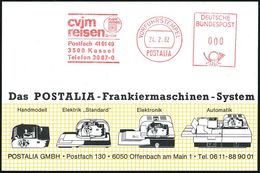 3500 Kassel 1962 (24.2.) AFS: VORFÜHRSTEMPEL/POSTALIA/c V J M/ Reisen GmbH (Logo) Seltene Postalia-Musterkt.!  (= Specim - Christentum