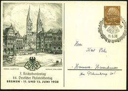 Bremen/ 44.Deutscher Philatelistentag/ RdPh 1938 (11.6.) SSt Auf PP 3 Pf. Hindenbg.: 3.Reichsbundestag/44. Deut-scher Ph - Kerken En Kathedralen