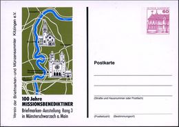 Münsterschwarzach 1984 PP 60 Pf. Burgen: 100 JAHRE MISSIONSBENEDIKTINER.. = Benediktiner-Abtei (auf Landkarte, Kirche "S - Abbazie E Monasteri