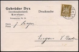 KEVELAER/ **b 1926 (20.10.) 1K-Brücke Auf EF 3 Pf. Adler Mit Zier-Firmenlochung:  D Y X = Gebr. D Y X, Devoltionalienfab - Christendom