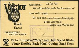 U.S.A. 1935 (26.11.) Reklame-PP 1 C. Jefferson, Grün: VICTOR/HACK SAWS.. = Ritter (mit Helm U. Schwert) MaWellenSt.: MID - Altri & Non Classificati