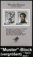 B.R.D. 1991 (Mai) 60 Pf. + 100 Pf. "200. Geburtstag V.Theodor Körner" Block + 2x Amtl. Handstempel  "M U S T E R" , Post - Napoleón