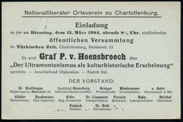 Berlin-Charlottenburg 1904 (12.3.) Amtl. Orts-P 2 Pf. Germania, Grau + Rs. Zudruck: Nationalliberaler Ortsverein..Vortra - Altri & Non Classificati