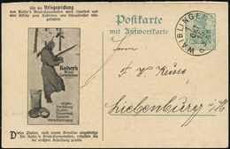 WAIBLINGEN 1915 (1.10.) 1K Auf Reklame-PP 5 Pf.Germania Grün, Frageteil: ..Kriegspackung..Kaiser's Brust-Caramellen  (Wa - WW1 (I Guerra Mundial)