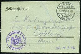 DEUTSCHES REICH 1916 (14.9.) 1K-Brücke: KAIS. D. FELDPOST/STATION/* Nr. 97 * + Viol. Zensur-1K-HdN: Oberkommando Der 5.  - WO1