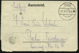 DEUTSCHES REICH 1917 (21.8.) Aptierte 1K-Brücke: Feldpost/a + 1K-HdN: REICHSKANZLEI (Adler) Rs. Abs.: ".. Res. Inf. Regt - WO1