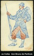 FRANKREICH 1915 (ca.) Handgezeichnete Propagaganda-Ak.: Französ. Infanterist = Color-Federzeichnung Blau-braun, Signiert - WO1
