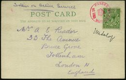 GROSSBRITANNIEN 1914 (12.10.) Roter Zensur-1K: PASSED BY CENSOR/No.1005 (Krone) Als Entwertung Auf EF 1/2 P. George V. ( - Prima Guerra Mondiale