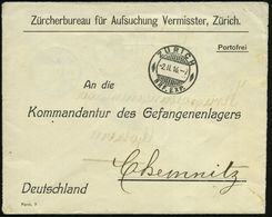 SCHWEIZ /  DEUTSCHES REICH 1916 (2.2.) 2K-Gitter: ZÜRICH/BRF. EXP. Auf Vordr.-Bf.: Zürcherbureau Für Aufsuchung Vermisst - WO1