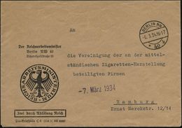 BERLIN NW/ *40k 1934 (6.3.) 1K-Steg Auf Dienst-Bf.: Der Reichsarbeitsminister/..FdAR (noch Alter Weimarer Adler!) Fernbf - Sonstige & Ohne Zuordnung