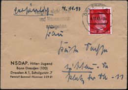 DRESDEN A 1 1943 (4.11.) Vordruck-Bf.: NSDAP Hitler-Jugend/ Bann Dresden (100).. (11 X 8 Cm) Dekorativer Miniatur-Fernbf - Other & Unclassified