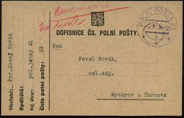 TSCHECHOSLOWAKEI 1938 (2.11.) Feldpost-2K: POLNI POSTA 23/b/*** + Rote, Hs. Zensur: "Censurovano" + Name (Wo.1) Klar Ges - Altri & Non Classificati