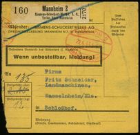 Mannheim 2/ Siemens-Schuckert-Werke, A.G./ Techn.Büro Mannheim 1944 (22.6.) Selbstbucher-Paketzettel + Oval-PFS: MANNHEI - Other & Unclassified