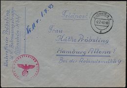 ALLENSTEIN 2/ C 1943 (2.7.) 2K-Steg + Roter 1K-HdN: Offiz., Bahnhofsdienst Allenstein + Hs. Abs.: "..W K Betreuungstrupp - 2. Weltkrieg