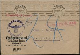 BREMEN 1/ A 1942 (22.6.) BdMaSt + Viol. 1K-HdN: Ernährungsamt Der Hansestadt Bremen.. (NS-Adler) + Roter Ra.: Nach-gebüh - Guerre Mondiale (Seconde)