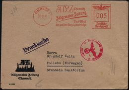 CHEMNITZ 1/ AZ../ Allgemeine Zeitung... 1941 (30.12.) AFS 005 Pf. + Roter OKW-Zenszr-1K: "b" = Berlin (Rie.B-9, 50 Pkte. - WO2