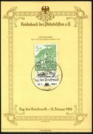 WEIMAR/ Tag D.Briefmarke 1941 (12.1.) SSt = Panzer II Auf 5 + 3 Pf. WHW (einige Stockpunkte) Auf Gedenkblatt "Tag D. Bri - Guerre Mondiale (Seconde)