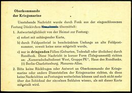 WILHELMSHAVEN 1/ P 1944 (13.12.) 2K-Steg + Roter Ra.: Kommando Marinenachrichtenabteilung Nord Auf Funk-Nachrichten-Kart - 2. Weltkrieg