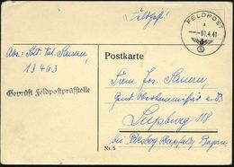 DEUTSCHES REICH 1941 (1.4.) 1K: FELDPOST/a/--- + Schw.-viol. 1L: Geprüft Feldpostprüfstelle (Mi.4) Vs. + Hs.: Fp.-Nr. 13 - WO2