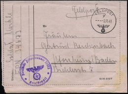 DEUTSCHES REICH 1941 (2.11.) 1K: FELDPOST/b/--- + Viol. 2-HdN: Fp. Nr. 31 653 = Feldeisenbahn-Betr. Amt 12 + Hs. Fp.-Nr. - WO2