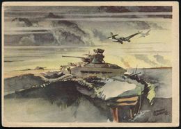 DEUTSCHES REICH 1942 (ca.) Color-Künstler-Propaganda-Ak.: Mark II ("Matilda") Vor Panewo U. 2 Ju 87 (sign. Herm. Schneid - Guerre Mondiale (Seconde)