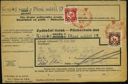 BÖHMEN & MÄHREN 1941 (8.9.) Roter "V"-(iktoria)-SSt 2x Auf Dienst 1 K. U. 1,20 K. Auf Frankiertem Rückschein Gerichts-ZU - 2. Weltkrieg