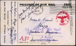 CANADA 1942 (24.4.) MaWellenSt.: BASE A.P.O./CANADA + Schw. 1L: EXAMINED BY CENSOR + Roter 1L: A F = Wo. Unbekannt , Rot - Guerre Mondiale (Seconde)