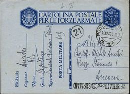 ITALIEN 1940 (11.10.) 1K: POSTE MILITARE/N. 109 = 21. Inf. Div. + Schw. Zensur-1L: VERIFICATO PER CENSURA (AN) (= Ancona - Guerre Mondiale (Seconde)