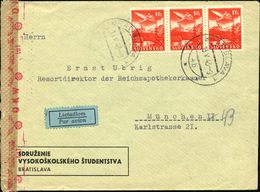 SLOWAKEI 1943 (13.5.) Flp. 1 Kcs., Rot, Reine MeF: Waager. 3er-Streifen , Vordr.-Bf.: Slowak. Studentenverband (Bratisla - Seconda Guerra Mondiale