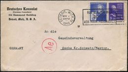 U.S.A. 1940 (7.11.) Frankierter Dienst-Bf.: Deutsches Konsulat (German Consulate)/..Detroit, Mich. , US-Frankatur 8 C. + - WO2