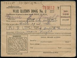 U.S.A. 1944 "WAR RATION BOOK No.3", Heft (kl. Rostfleckchen) Mit Wertmarken Für Rationierte Güter, Insges. 28 R-Marken + - WO2