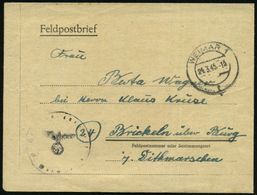 WEIMAR 1/ R 1945 (24.3.) 2K-Steg + 1K-HdN Reserve-Lazarett (abgenutzt) + Rs. Hs. Abs.: ".. Res.-Lazarett Schiller-Schule - Guerre Mondiale (Seconde)