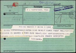 BÖHMEN & MÄHREN 1945 (4.4.) 2K-Steg: PRAG 31/3e/PRAHA 31 (rechts Nicht Ganz Voll) Auf Grünem Telegramm, Zweisprachiger V - WO2