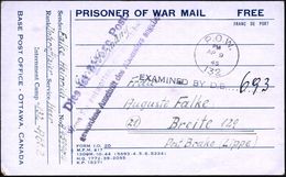 CANADA 1945 (9.4.) Kgf.-Vordruck-Kt: P.O.W. MAIL BASE POST OFFICE OTTAWA, 1K: P.O.W./132 (Lager 132) + Hinweis-3L: Das I - WW2 (II Guerra Mundial)