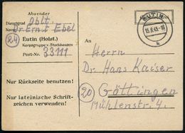 EUTIN/ A 1945 (15.8.) 2K-Steg Auf Dienst-Kt.: Gebührenfrei.. Eutin (Holst.)/ Korpsgruppe V. Stockhausen, Hs. "Oblt. Dr.  - WO2