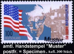 B.R.D. 1997 (Juni) 100 Pf. "50 Jahre Marshallplan" + Amtl. Handstempel  "M U S T E R" , Postfr. + Amtl. Ankündigungsblat - WW2 (II Guerra Mundial)