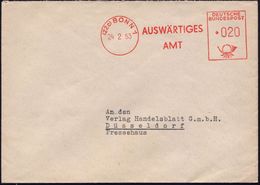 (22c) BONN 1/ AUSWÄRTIGES/ AMT 1953 (24.2.) AFS 020 Pf. = Inl.-Tarif U. Notoferbefreit! , Rs. Abs.-Vordr.: Gesandtschaft - Andere & Zonder Classificatie