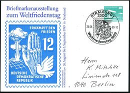 2300 STRALSUND 1/ Weltfriedenstag 1989 (25.8.) SSt Auf PP 10 Pf. PdR, Grün : Weltfriedenstag = DDR 12 Pf.Atombombe (Abb. - Andere & Zonder Classificatie