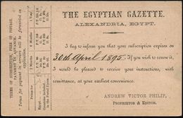 ÄGYPTEN 1895 (30.4.) Amtl. Inl.-P 3 M. "Sphinx/Pyramide", Rs. Firmen-Zudruck:  THE EGYPTIAN GAZETTE/ALEXANDRIA.. (engl.  - Unclassified