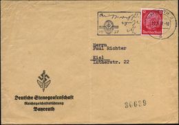 BAYREUTH 2/ A/ Kurzschrift-,Schreibmaschinen-Meisterschaften.. 1937 (22.5.) MWSt In Steno! (Steno-Logo) Motivähnl. Vordr - Non Classés