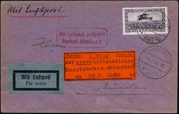 SAARGEBIET 1929 (16.7.) 1 Fr. Flp., EF (Mi.127 EF + 38.-EUR) Erstflug-Bf. "Saarbrücken - München", Rotes Erstflug-Label  - Autres (Air)