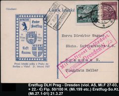 TSCHECHOSLOWAKEI 1927 (21.3.) Erster Postflug-Rückflug DLH Prag - Breslau - Dresden , Flugprovis. 50/100 H. (Mi.199 U.a. - Otros (Aire)